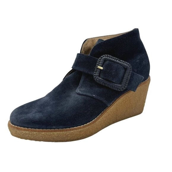 Jack Rogers Izzie  Blue Suede Wedge Boot Bootie Adjustable Buckle Women's Size 7 - Picture 1 of 14